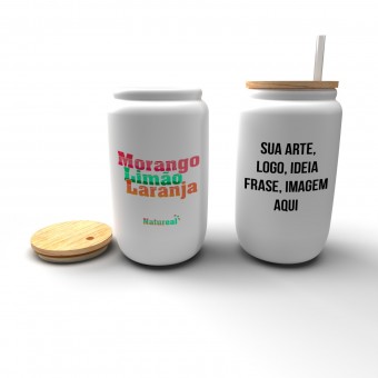 Copo de Vidro Jateado c Tampa Bambu e Canudo de Vidro 500ml