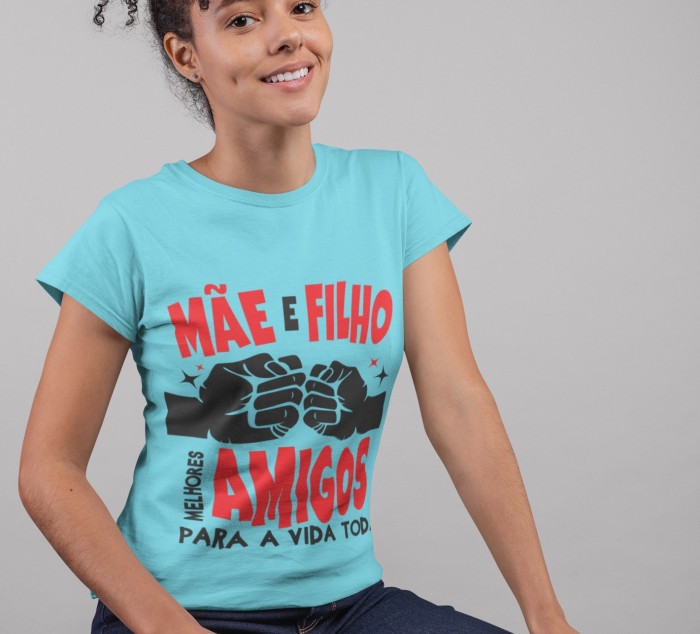 Camiseta Mãe e Filho - Dia das Mães Cor Azul Turquesa