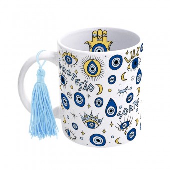 Caneca 300ml + Pompom - Olho Grego - Olhos