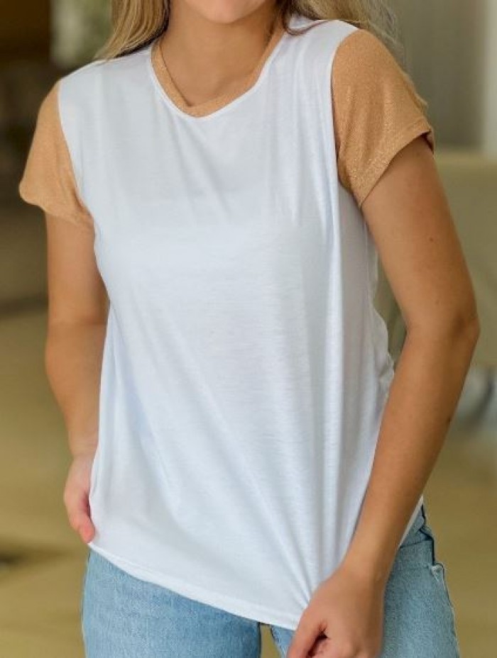 Camiseta feminina blusinha lurex com brilho na manga e gola personalizada como desejar  Cor Dourado Tamanho P