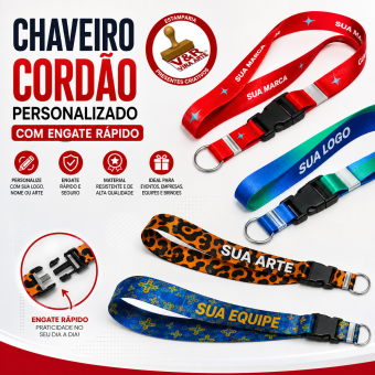 Chaveiro Cordão Personalizado com Engate Rápido 20mm Sua Arte, Logo ou Tema