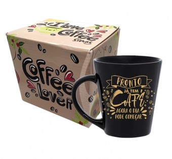 Caneca Preta Já Tem Café - Coffe Lover - Modelo Drop