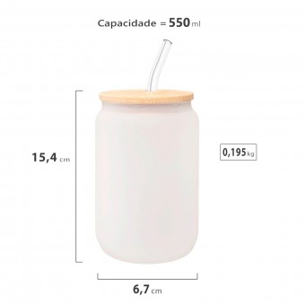Copo de Vidro Jateado c Tampa Bambu e Canudo de Vidro 500ml