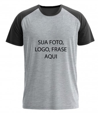 Camiseta Raglan Personalizada Cinza Mescla com Manga Colorida - Sua Arte Aqui