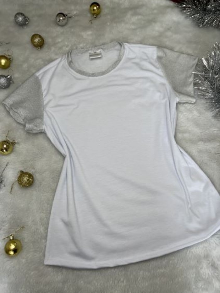 Camiseta feminina blusinha lurex com brilho na manga e gola personalizada como desejar  Cor Prata Tamanho P
