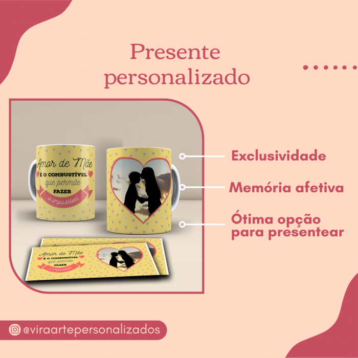 Caneca Amor D Mae É o Combustível - com Sua Foto no Coração