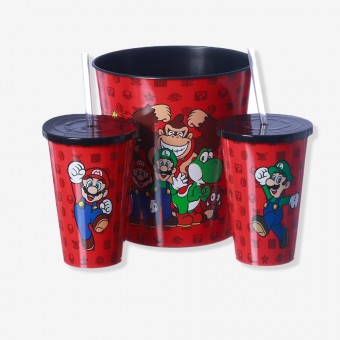 Kit Super Mario Almofada Balde Pipoca Copos Oficial Nintendo