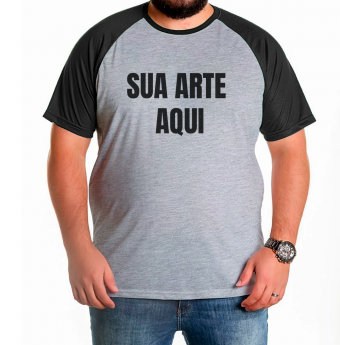 Camiseta Raglan Plus Size Cinza Mescla com Manga Colorida - Personalizada
