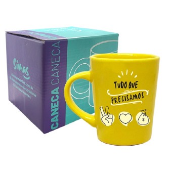 Caneca Drop Amarela - Life - Paz, Amor e Dinheiro