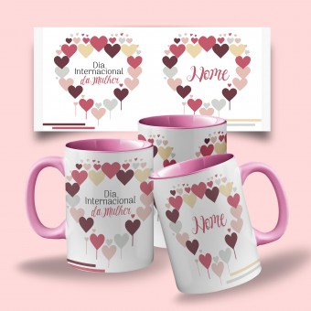 Caneca com Alça e Interior Colorida Personalizada com Nome - Dia da Mulher - Corações 