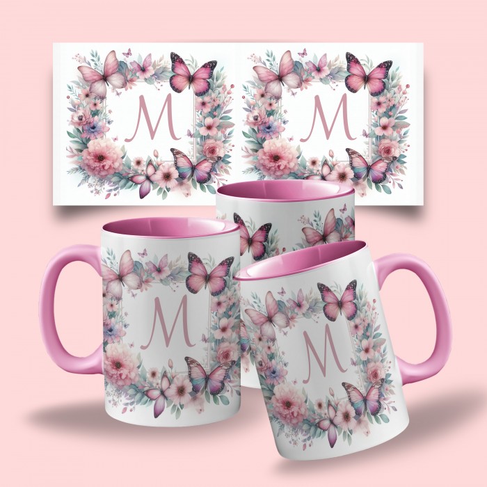 Caneca com Alça e Interior Colorida Personalizada com Inicial - Dia da Mulher - Floral 