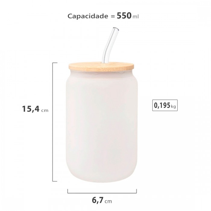 Copo de Vidro Jateado c Tampa Bambu e Canudo de Vidro 500ml