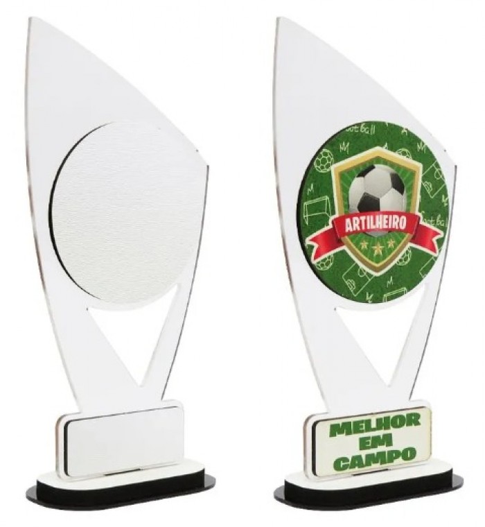 Troféu de Acrílico Cristal com aplique de MDF Retangular 45°- 9,5x21cm