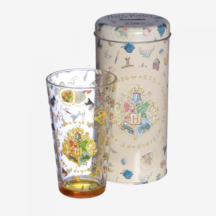 Kit Copo Vidro Incan 500ml + Lata Cofre Harry Potter Hogwarts