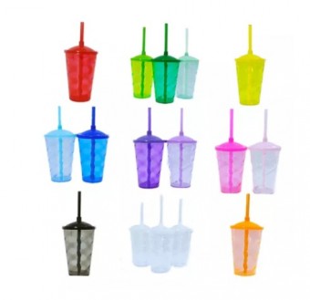 Kit 9 Copos Twister 300ml Com Tampa E Canudo - cores sortidas