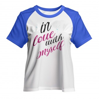 Babylook Raglan Personalizada Branca com Manga Colorida - In Love With Myself Cores Azul royal Tamanho P